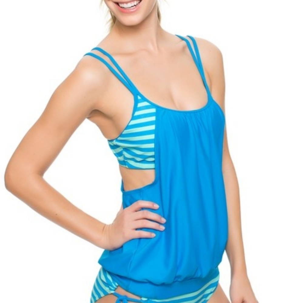 Joy Mode Convertible Tankini Top Blue White Size LARGE